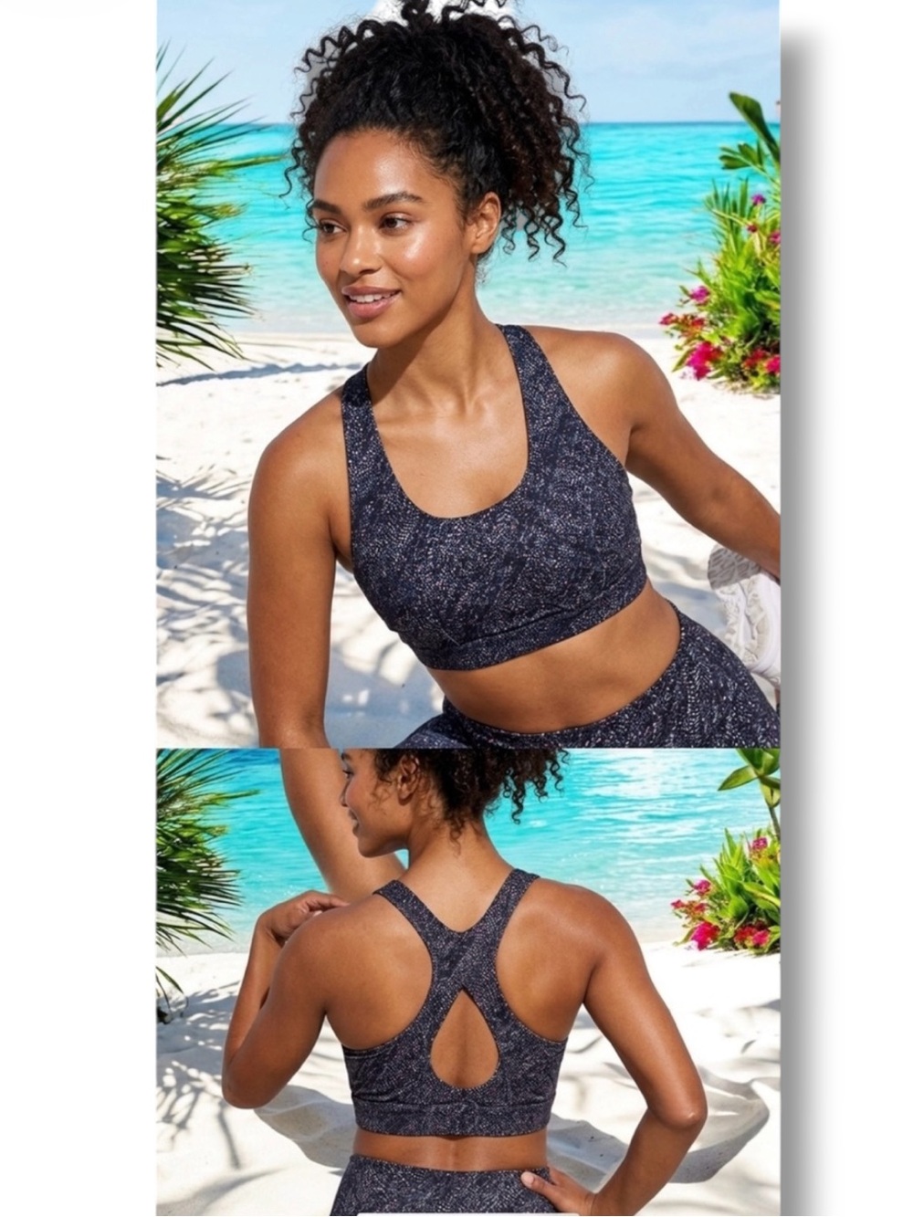 Tek Gear Sports Bra High-Impact Gray Patterned Racerback Keyhole Cutout Size L 🍭